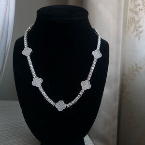 Silver pavé clover Motif tennis link Necklace